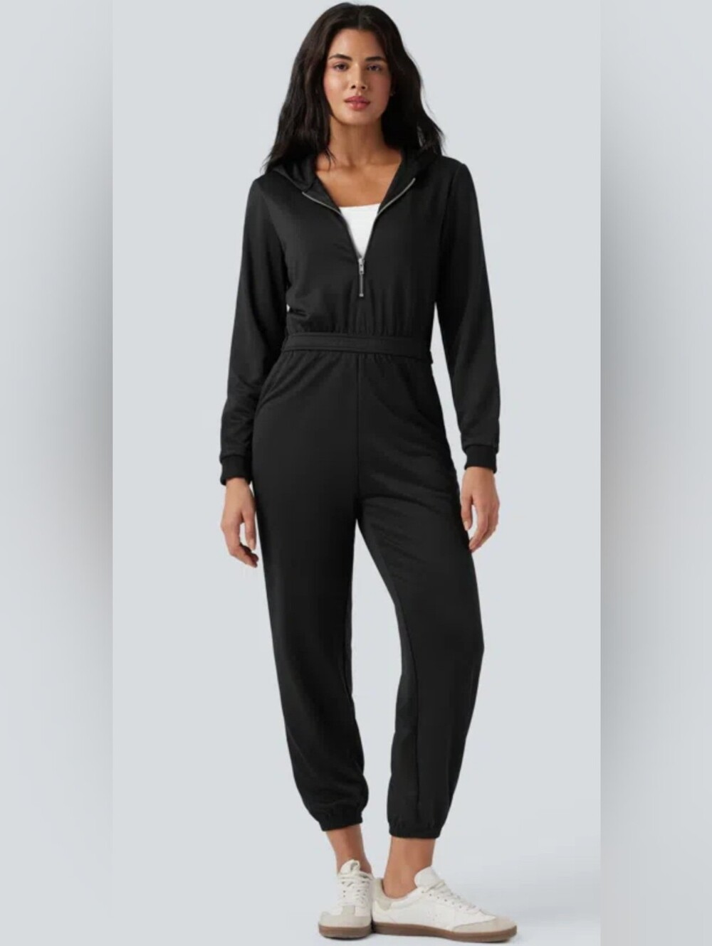 Halara Hooded Dropped Long Sleeve Half Zip Jumpsuit Black XL NWT